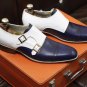 New Men's Handmade Formal Shoes Navy Blue and White Leather Two Tone Double Monk