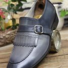 New Men's Handmade Leather Shoes Grey Leather Bespoke Buckle Style Slip On Dress