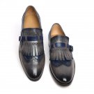 Two Tone Monk Blue & Gray Single Buckle Strap Fringed Real Leather Wing Tip