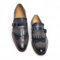 Two Tone Monk Blue & Gray Single Buckle Strap Fringed Real Leather Wing Tip