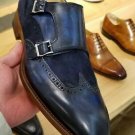 Handmade Monk Blue Wing Tip Premium Quality Buckle Strap Dress Men Leather Shoes