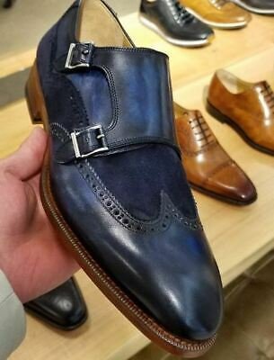 Handmade Monk Blue Wing Tip Premium Quality Buckle Strap Dress Men Leather Shoes
