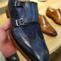 Handmade Monk Blue Wing Tip Premium Quality Buckle Strap Dress Men Leather Shoes