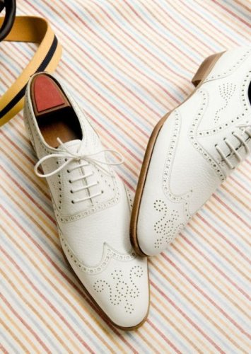 Genuine Leather White Wing Tip Medallion Toe Party Wear Lace Up Oxford Shoes