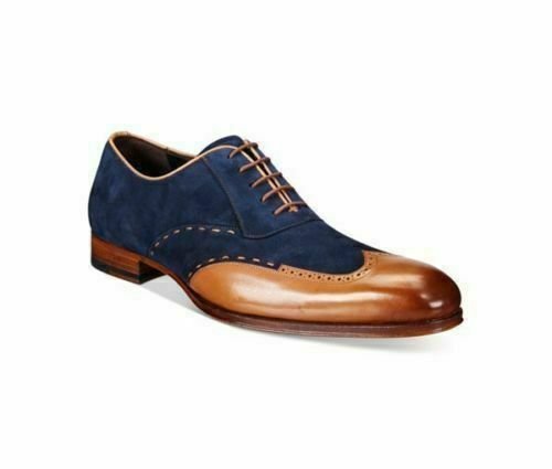 NEW-Men's Handmade Wingtip Tan & Navy Blue Suede Leather Formal Dress Shoes