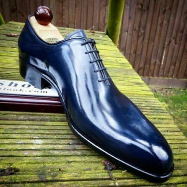 Oxford Men Blue Derby Plain Lace up Luxury Spectator Leather Handmade Dress Shoes