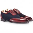 Oxford Maroon & Navy Blue Suede Burnished Plain Wing Tip Toe Leather Shoes