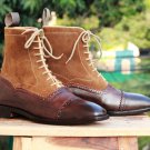 Ankle High Brown Cap Toe Boot, Men's Handmade Leather Suede Lace Up Boots For Men's