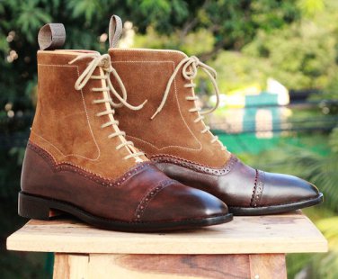 Ankle High Brown Cap Toe Boot, Men's Handmade Leather Suede Lace Up Boots For Men's