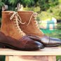 Ankle High Brown Cap Toe Boot, Men's Handmade Leather Suede Lace Up Boots For Men's