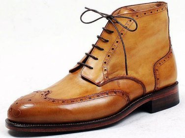 Best Men's Ankle High Tan Color Wing Tip Handmade boots, Custom leather Darby Boots