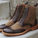Classic Looks Camel Leather Suede Contrast Handmade Ankle High Wing Tip Leather Boot