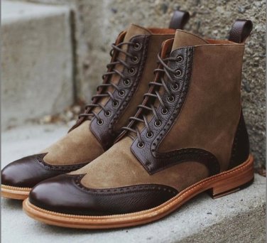 Classic Looks Camel Leather Suede Contrast Handmade Ankle High Wing Tip Leather Boot