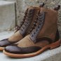 Classic Looks Camel Leather Suede Contrast Handmade Ankle High Wing Tip Leather Boot