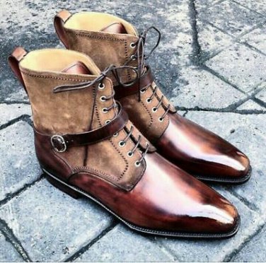 Genuine Burnished Toe Premium Brown Tone Leather High Ankle Men Buckle Boots