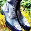 Handmade Blue Leather & Pebbled Leather Ankle Lace Up Boot, Dress Boot