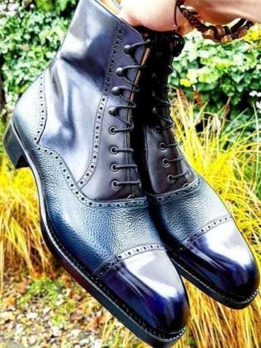 Handmade Blue Leather & Pebbled Leather Ankle Lace Up Boot, Dress Boot