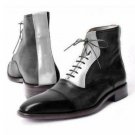 Handmade Men  Black & Sliver Ankle High Boots Lace up Cap Toe Boots