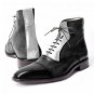 Handmade Men  Black & Sliver Ankle High Boots Lace up Cap Toe Boots