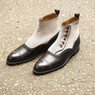 Handmade Men's Ankle Button Boot, Men's Black & White Leather & Suede Cap Toe Casual Button Boot