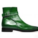 Handmade Men's Green Pointed Toe Leather Jodhpurs Buckle Casual Boot.