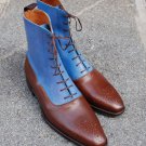 Handmade Brown & Sky Blue Lace Up Ankle High Leather Designer Boots For Men's