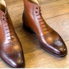 Lace Up Vintage Two Tone Brown Color High Ankle Handmade Wing Tip Brogues Boot For Men's
