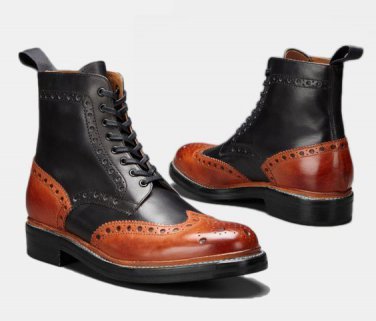 Oxford Long Boot Black & Brown Color Genuine Leather Lace UP Wing Tip Brogues Boots