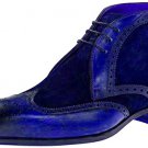 Men's Blue Chukka Handmade Brogue Wingtip Suede Leather Formal Dress Boots