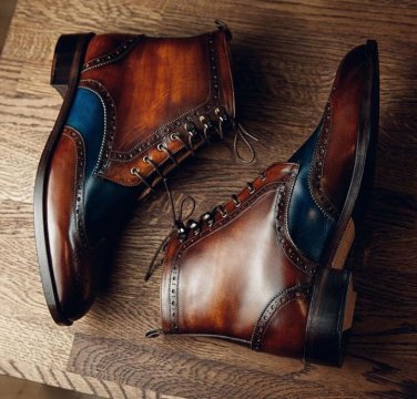 New Handmade Men's Brown Blue Lace Up boot, Men's Leather Wing Tip Brogue Formal Boot