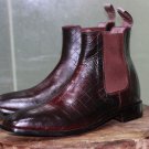 New Men's Handmade Leather Shoes Brown Crocodile Textured Leather High Ankle