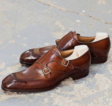 Handmade Men's Decent Pant Coat Double Monk Brownish Genuine Leather Shoes