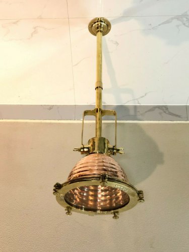 MID CENTURY COPPER & BRASS SMOOTH CARGO SHIPS DECK PENDANT/CEILING LIGHT LOT 5