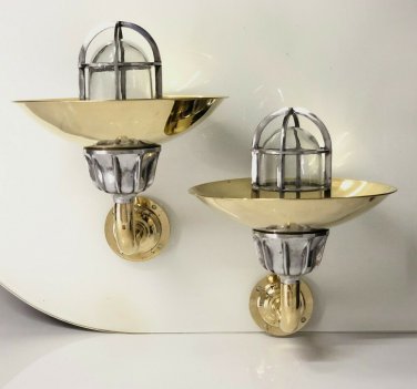 NEW NAUTICAL SWAN NECK ALUMINUM PASSAGEWAY WALL LIGHT & BRASS PIPE SHADE LOT 2