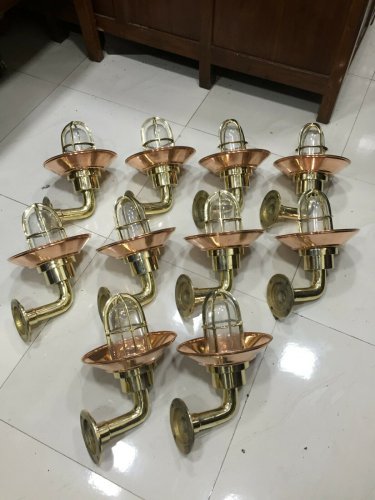 NAUTICAL NEW BRASS WALL PASSAGEWAY SHIP BULKHEAD LIGHT & COPPER SHADE LOT OF 10