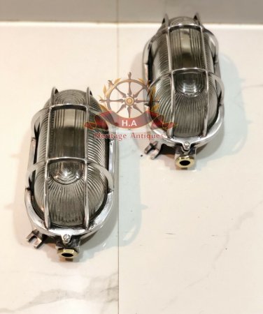 Antique Nautical Solid Aluminum Ceiling Mounted Oval Bulkhead Light Lot of 2