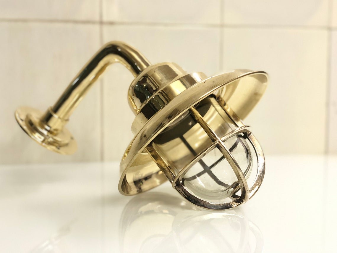 Old Vintage Brass Wall Sconce Light With Triangle Base & Cover Shade