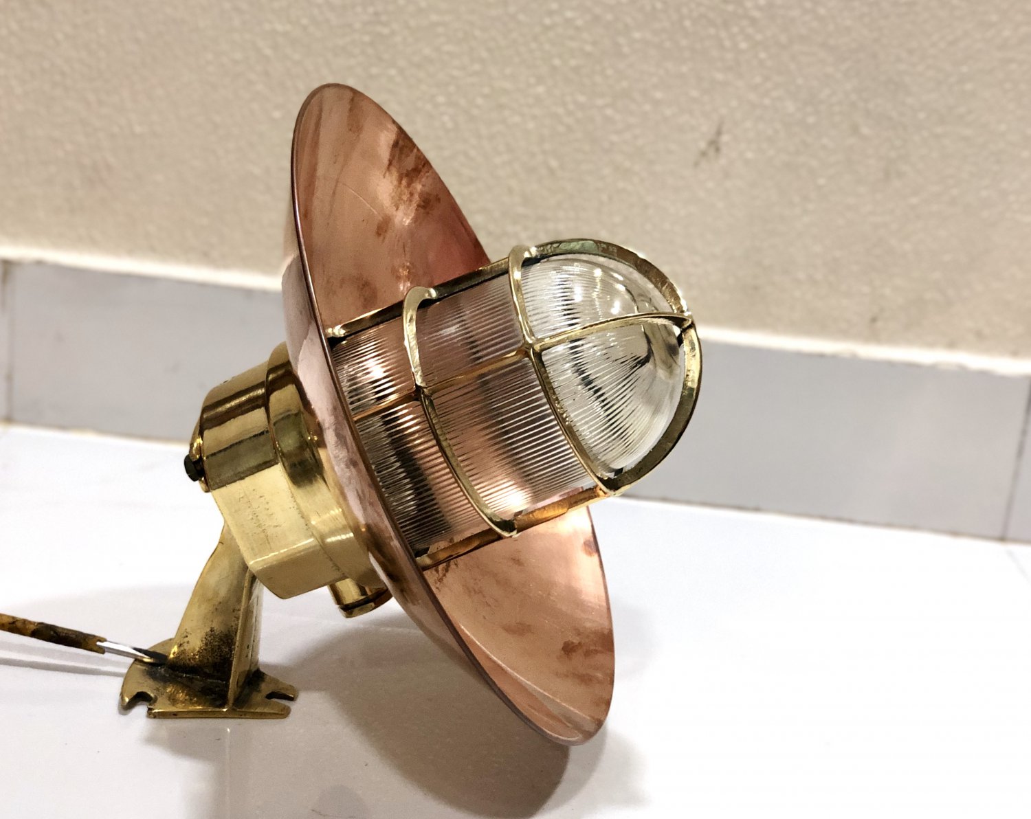 Industrial Reclaimed Old Brass Nautical Passageway Sconce Light with Copper Deflector Cover
