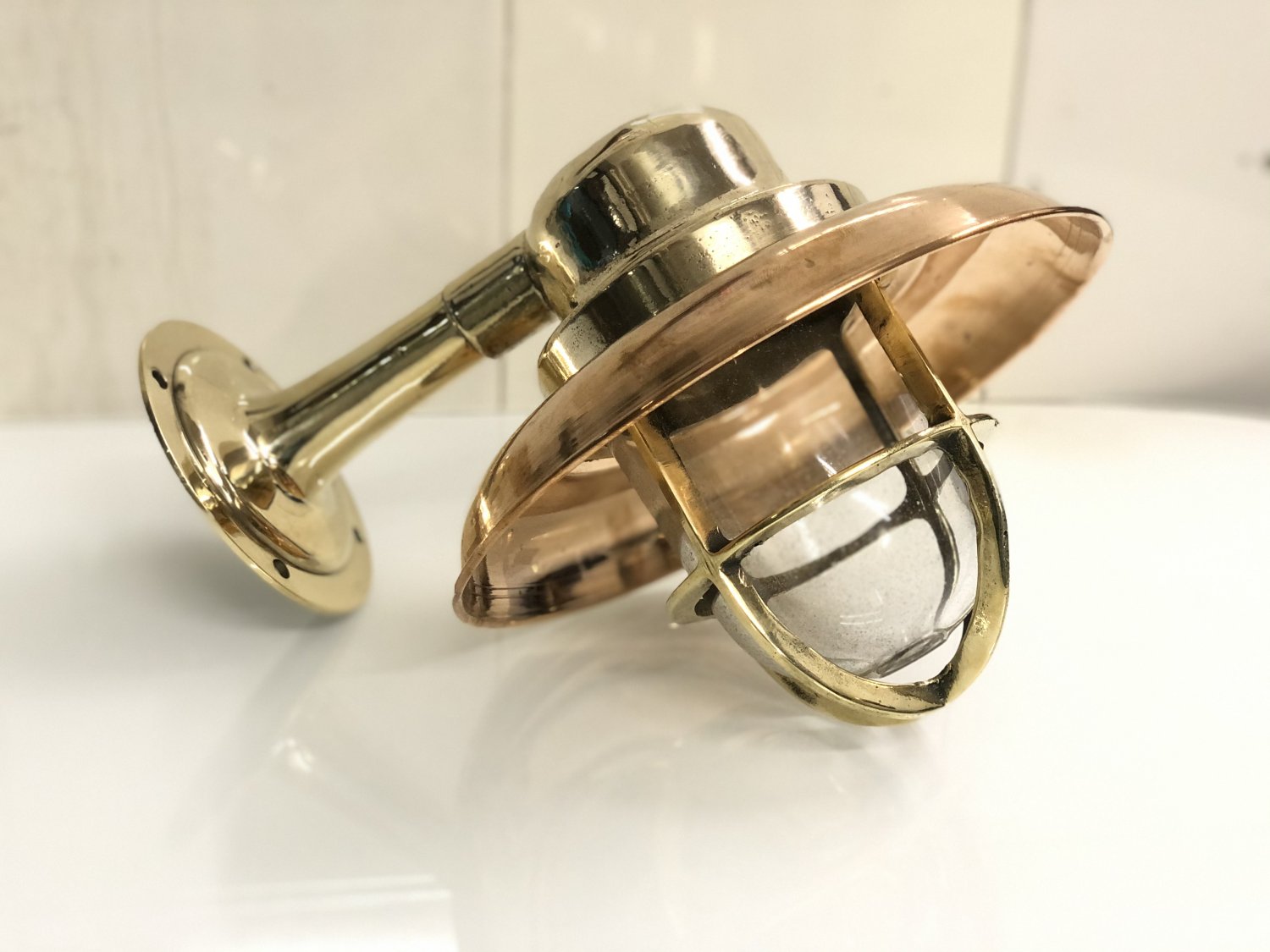 Easter Special Old Vintage Brass Wall Sconce Light with Triangle Base & Copper Shade