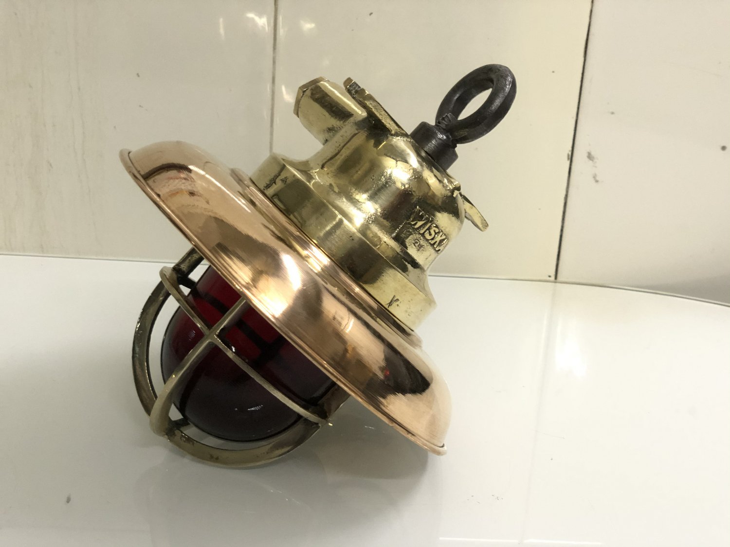 Old Reclaimed Passageway Hanging cargo Pendant Light with Shade Cap & Red Glass
