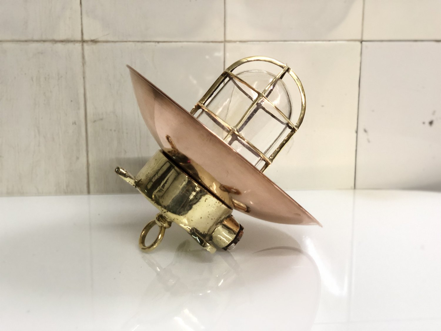 Antique Nautical Ship Brass Long Vintage Pendant Light with a Hook and a Copper Shade cap