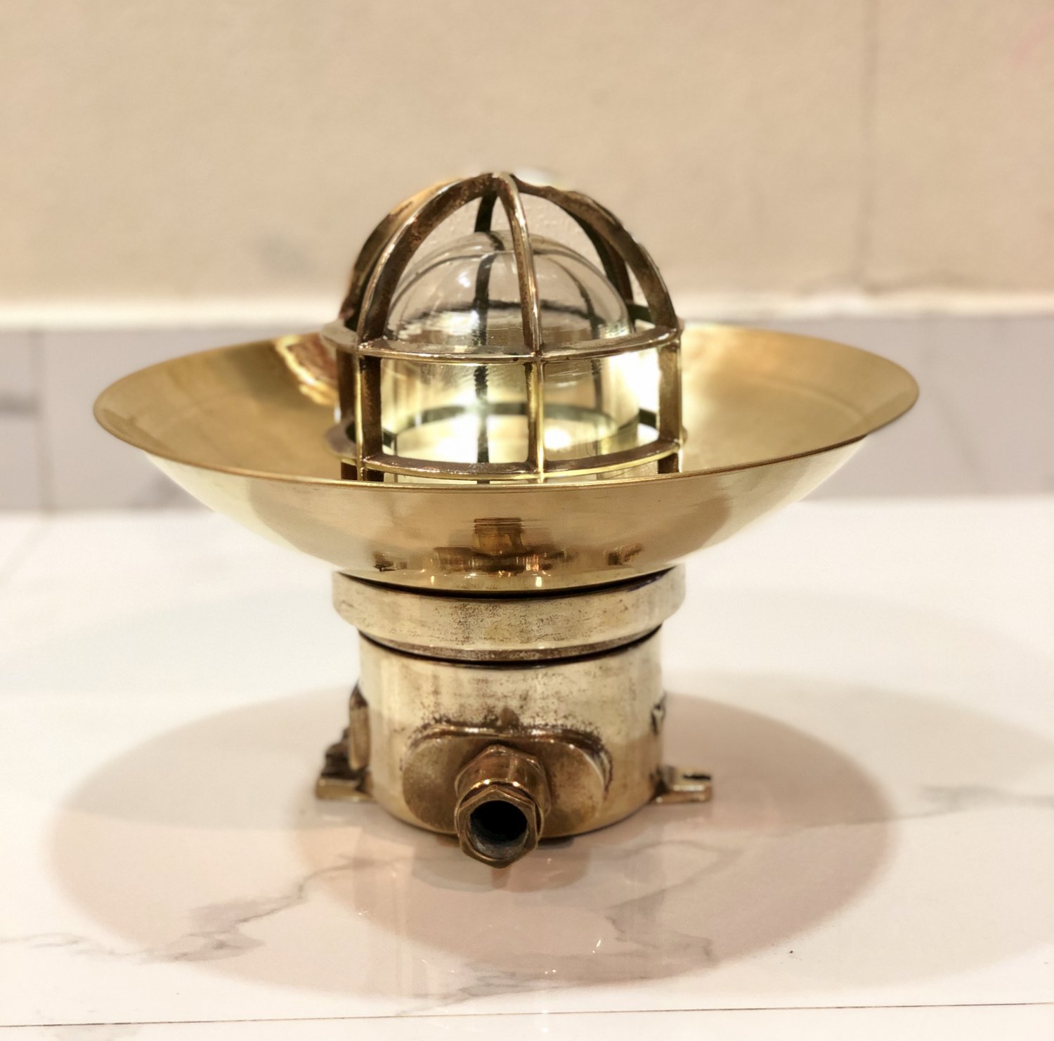 Authentic Nautical Antique Old Ship Brass Original Mount Bulkhead Light with Shade Cap