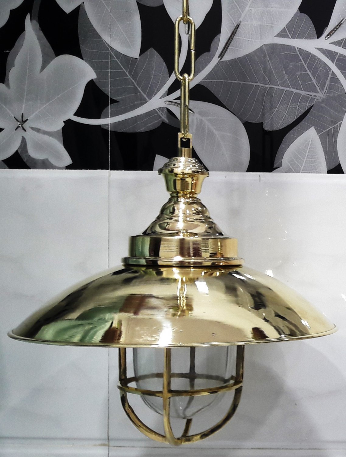 Nautical Ship Pasageway Bulkhead Brass Hanging Cargo New Light with Shade & Chain