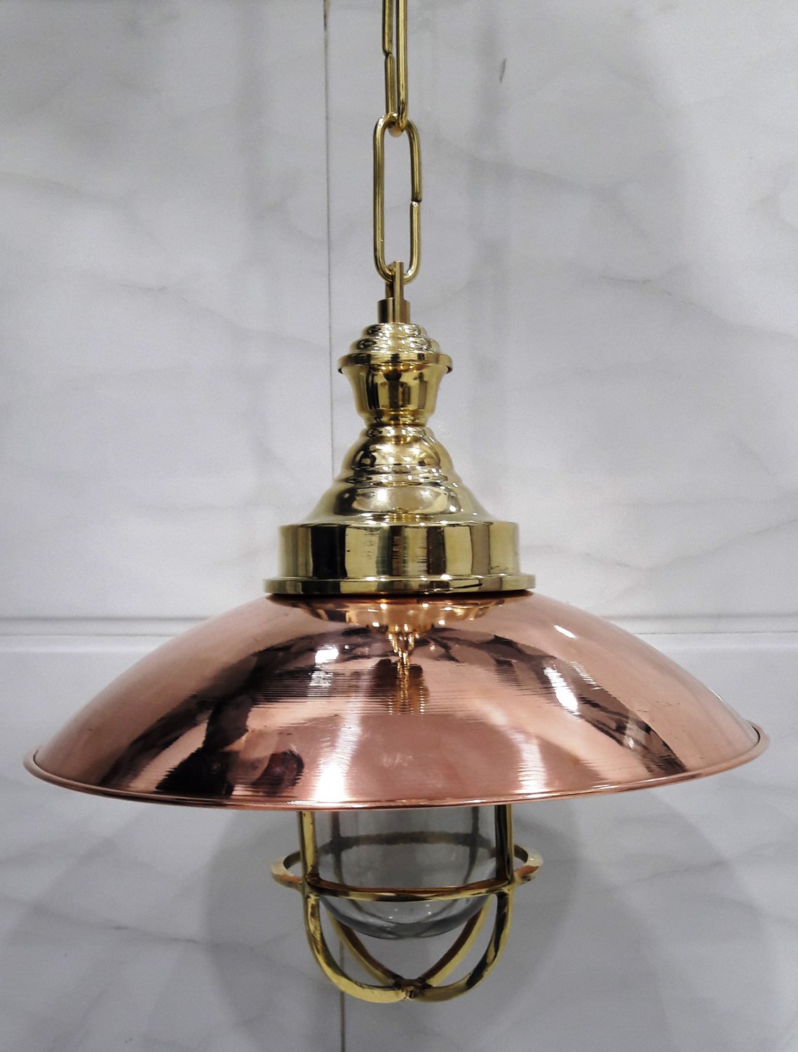Nautical Ship Marine New Solid Brass Cage Hanging Cargo Pendant Light with Copper Shade & Chain