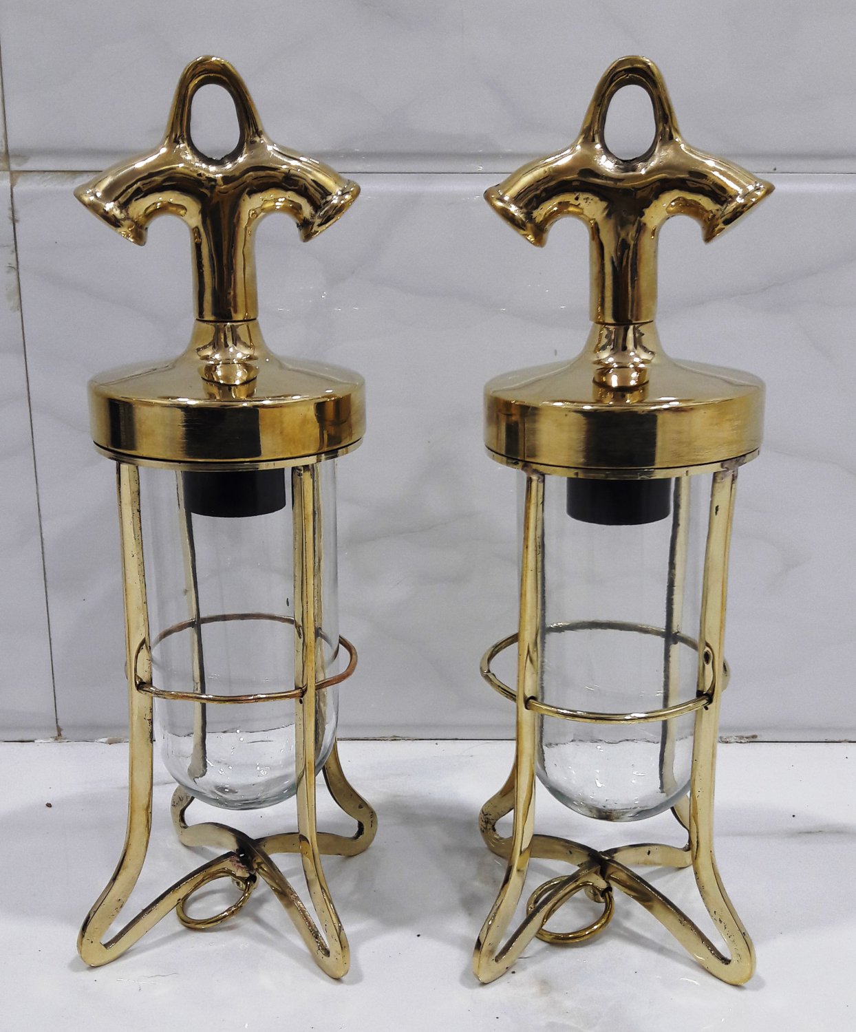 nautical new marine brass ship cargo hanging passageway light 2 piece in nice condition