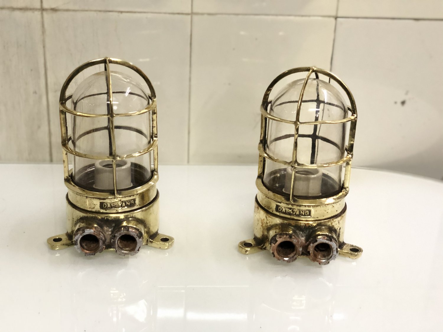 Original Maritime Antique Old Ship Brass Original Wall Mount Bulkhead Light 2 Pieces