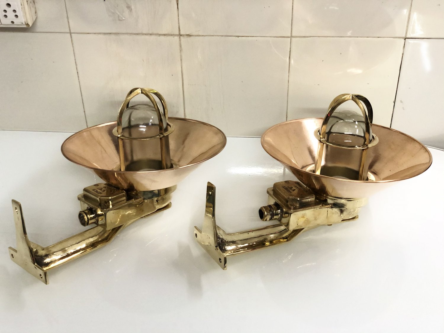 Nautical Antique Old Swan Ship Passageway Wall Light with copper Shade 2 Piece