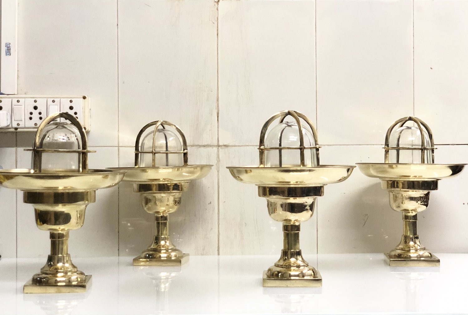 Mid Century Vintage Style Brass Industrial Mount Light with Triangle Base & Deflector Cover 4 Pieces