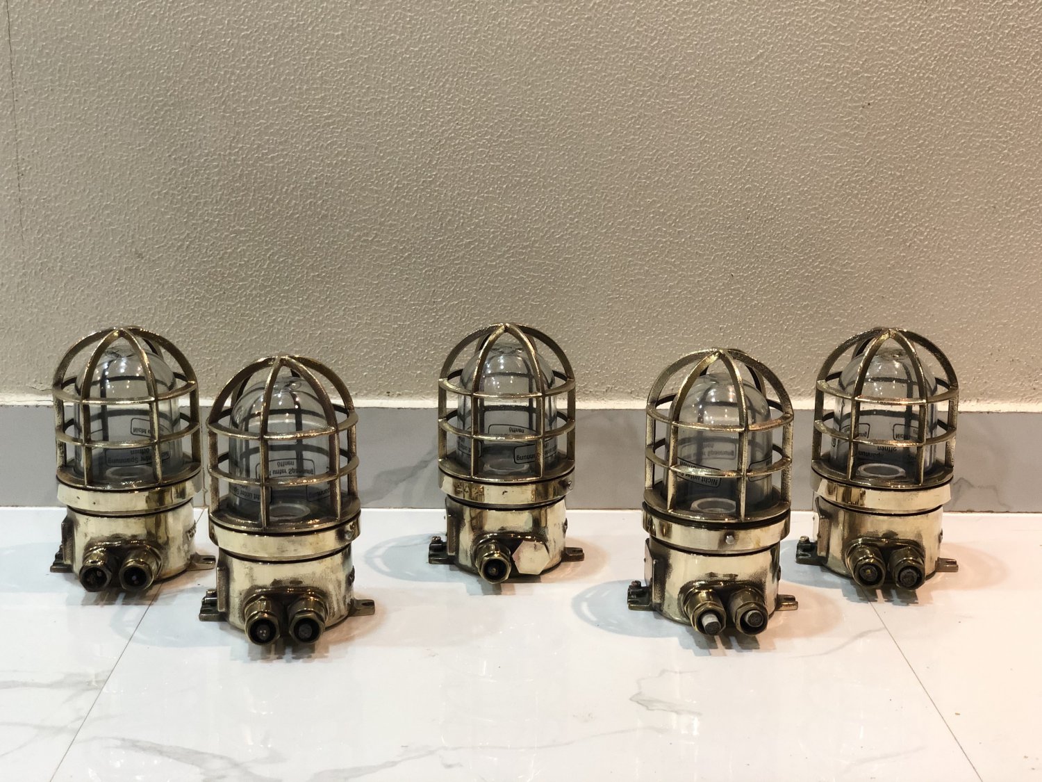 Old Nautical Antique Ship Brass Original Post Mounted Bulkhead Light 5 Pieces