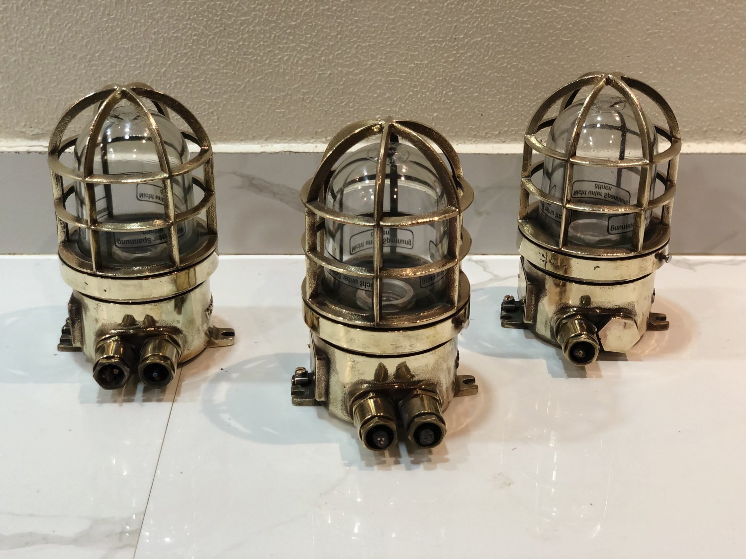 Old Nautical Antique Ship Brass Original Post Mounted Bulkhead Light 3 Pieces